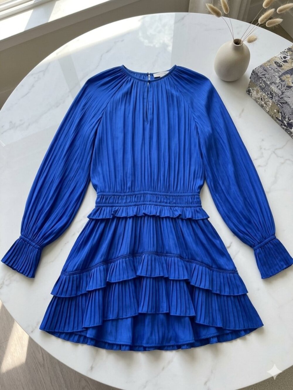 Ramy Brook Elegant Royal Blue Ruffle Tier Long Sleeve Mini Dress XS